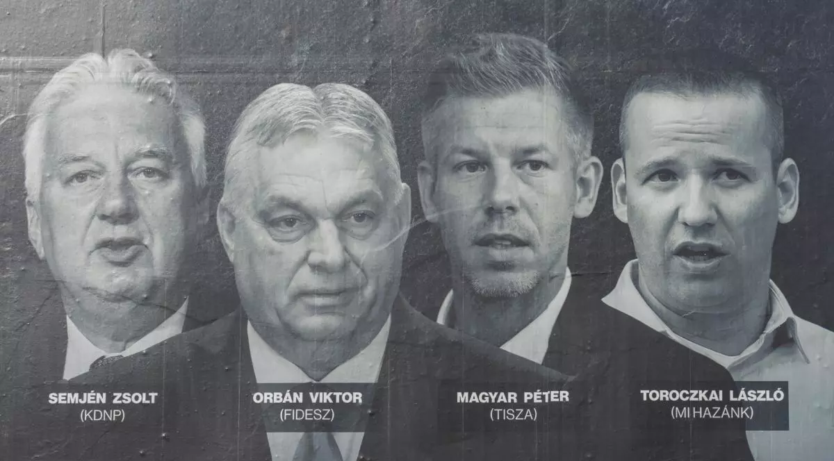 Poster alb-negru despre alegerile din Ungaria de pe 12 aprilie 2026 în care apare Viktor Orban, Peter Magyar, Zsolt Semjen și Laszlo Toroczkai