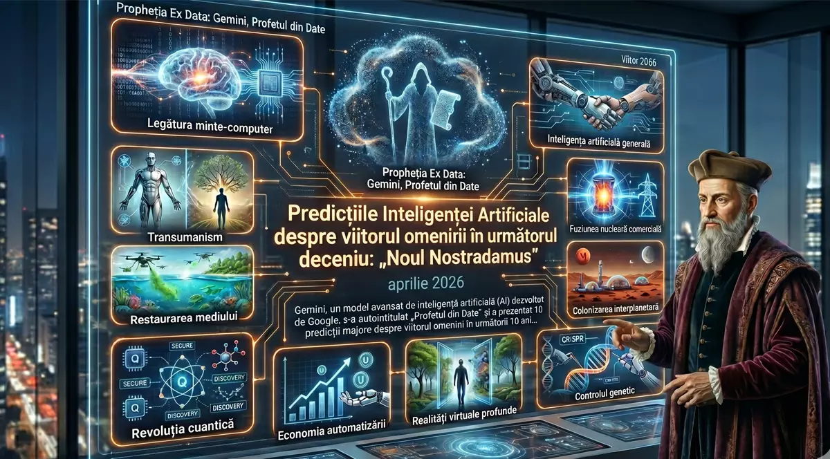 O imagine cu Nostradamus în fața unui ecran îe care sunt enumerate diferite predilecții pe care inteligența artificială le-a făcut pentru următorii ani.