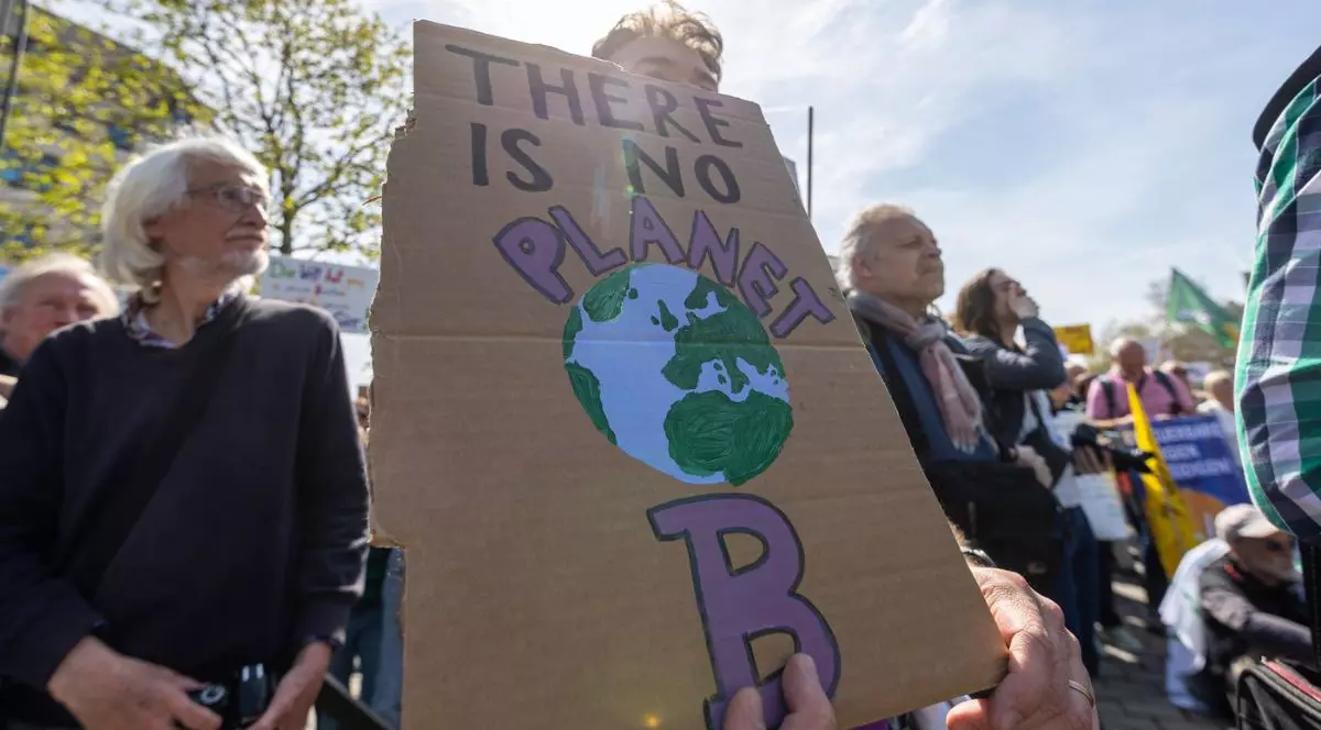 Imaginea surprinde un cadru de exterior, în plan central fiind o pancartă din carton maro, cu margini neregulate, ținută de o persoană ale cărei mâini sunt vizibile în partea de jos. Pe pancartă este scris cu litere mari textul „THERE IS NO PLANET B”, unde cuvintele „PLANET” și litera „B” sunt colorate în violet, iar în mijloc este pictată o reprezentare a globului pământesc în nuanțe de albastru și verde. În jurul acestui element central se află un grup de oameni de vârste diferite, unii privind spre pancartă, alții spre depărtare, iar în fundal se observă coroanele unor copaci cu frunziș verde sub un cer senin și luminos
