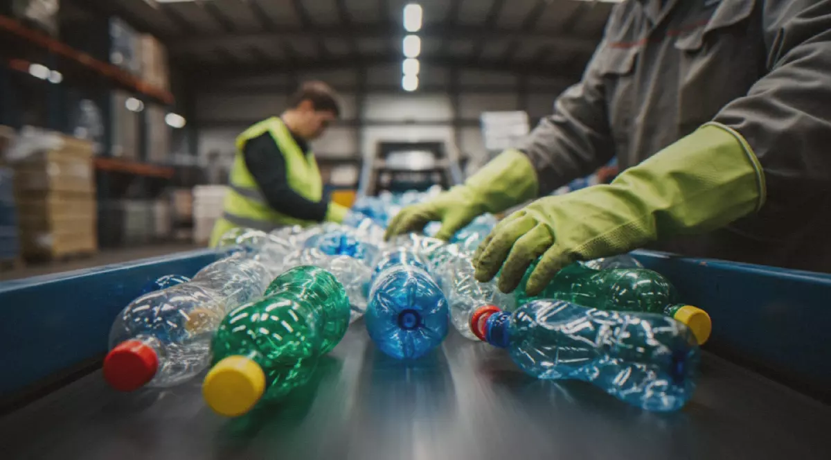 Mâinile lucrătorilor în mănuși de protecție -sortarea sticlelor de plastic pe o bandă transportoare la o instalație de reciclare,