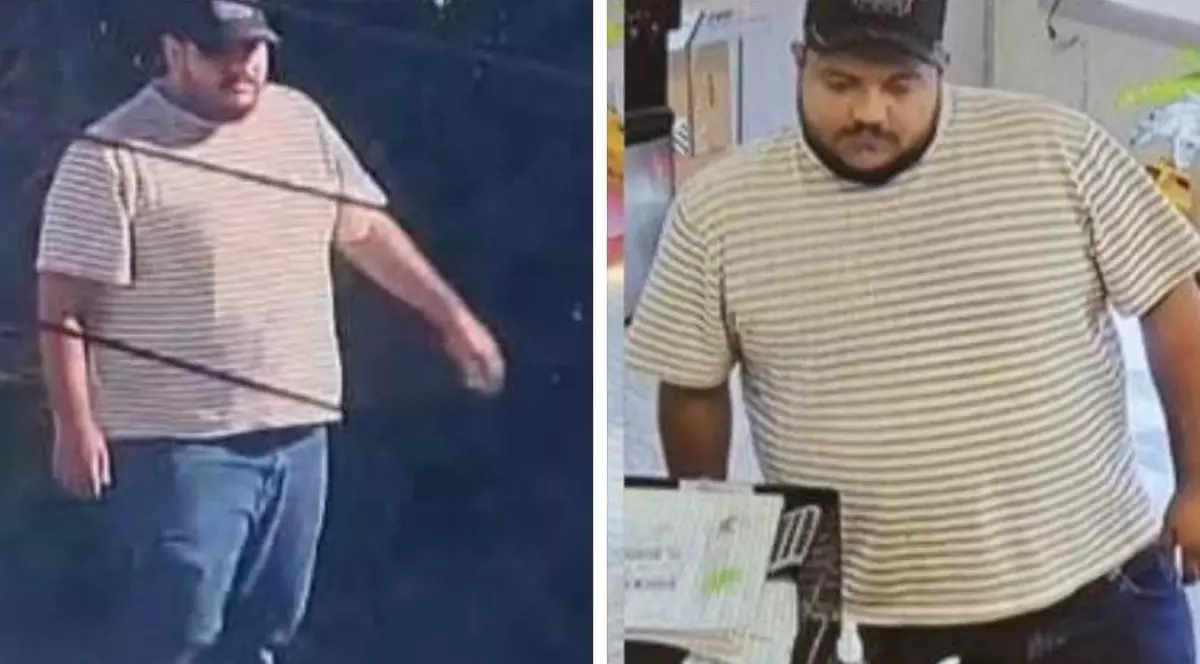 Un colaj cu un bărbat român în timp ce merge pe stradă, poartă o șapcă și un tricou în dungi