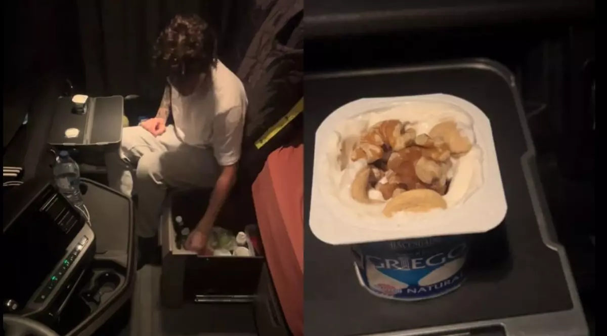 Un colaj cu două fotografii, în imaginea din stânga este șoferul de TIR stâng pe scaun, în cea de-a doua imagine este un iaurt grecesc cu nuci