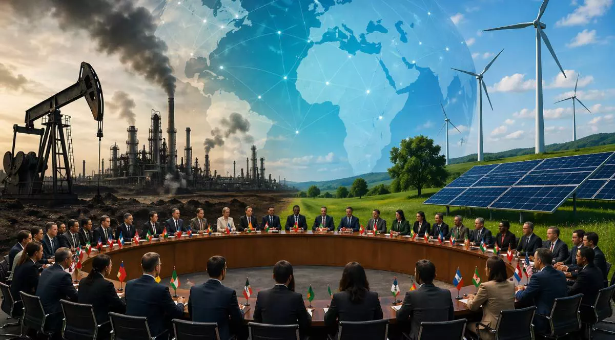 Mai mulți lideri și reprezentanți internaționali stau la o masă rotundă mare, într-un cadru simbolic care arată tranziția energetică: în stânga se văd sonde petroliere și o rafinărie cu fum, iar în dreapta turbine eoliene și panouri solare pe un peisaj verde, sub o imagine mare a Pământului. Imagine creată cu AI
