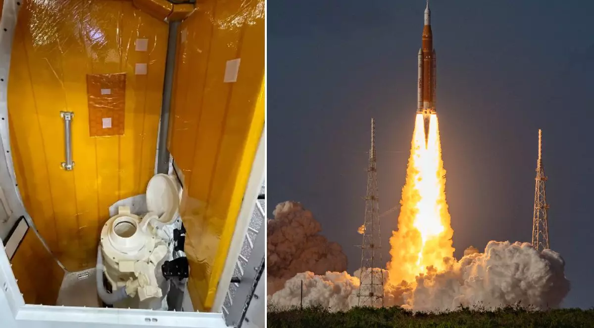 Colaj din două fotografii: în stânga este toaleta capsulei Orion, în dreapta este momentul lansării misiunii Artemis 2.