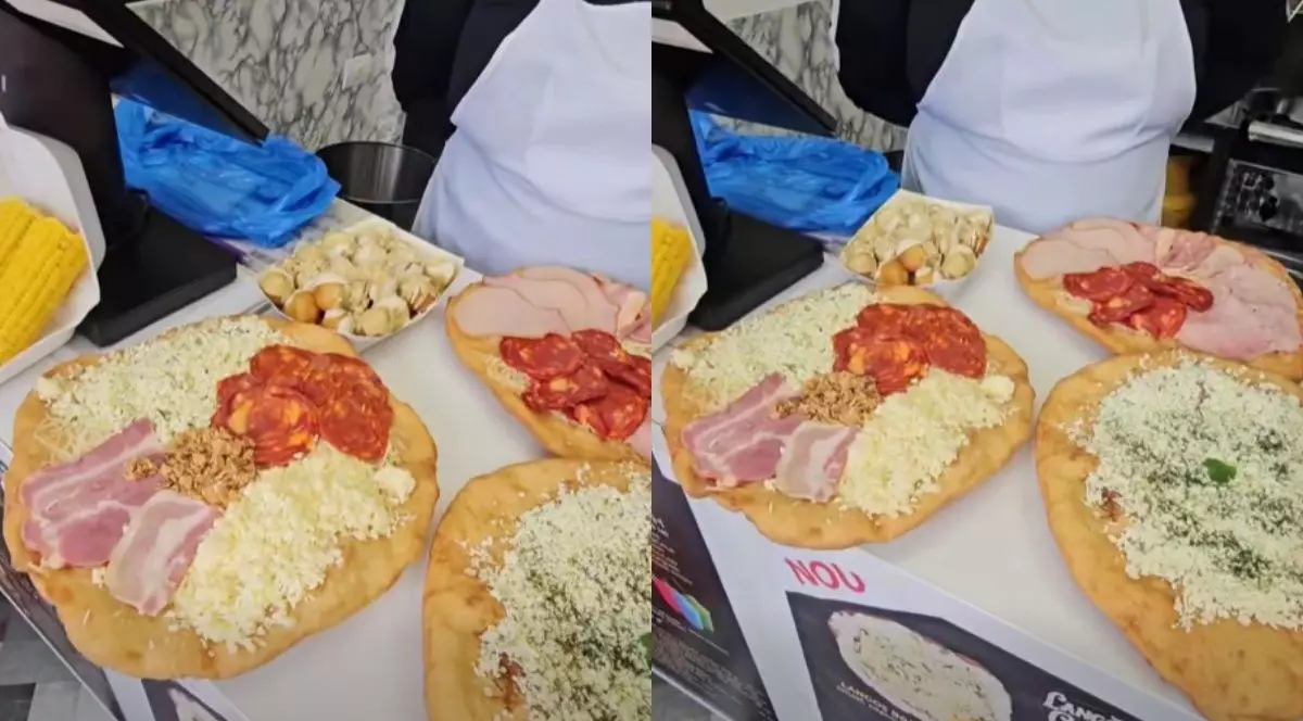 Un langoș de 600 de grame sau o plăcintă uriașă se vând la Timișoara cu prețuri pornind de la 15 lei. Foto: Captură video