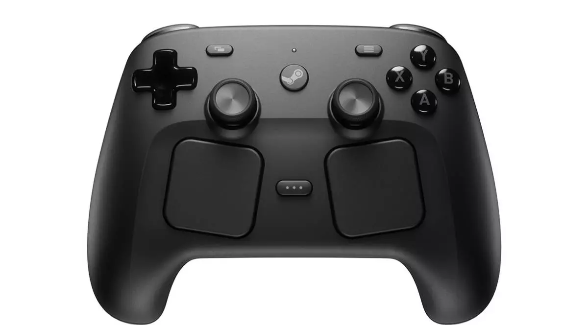 Un controller de jocuri pentru PC Valve Steam Controller negru, pe fundal alb.