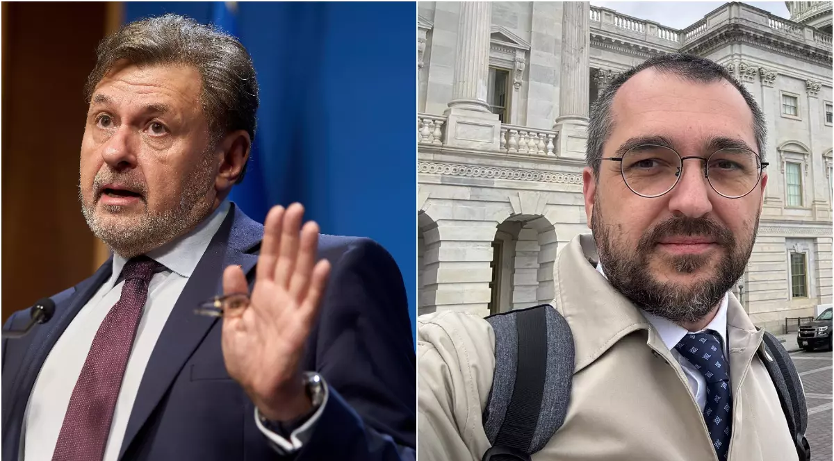 În imagine apar doi bărbați în contexte diferite: în stânga, unul vorbește la un pupitru, gesticulând în timpul unui discurs oficial. În dreapta, celălalt este fotografiat în aer liber, în fața unei clădiri instituționale, purtând o geacă și rucsac.