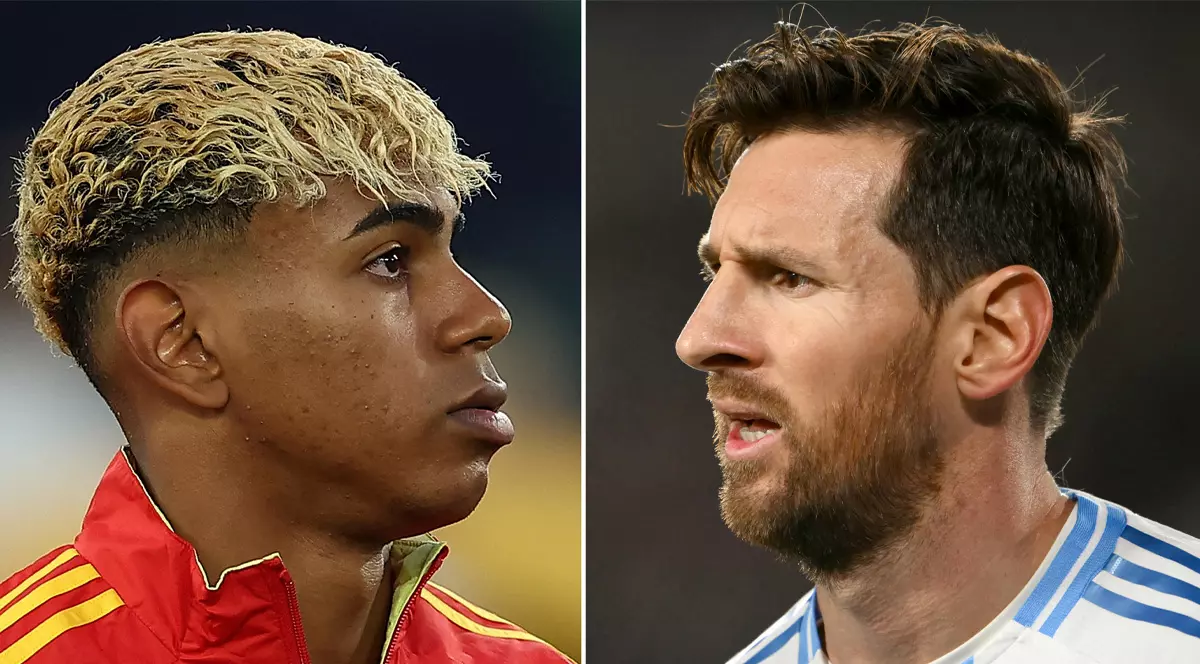 Lamine Yamal, îmbrăcat în echipamentul Spaniei, față în față cu Lionel Messi, îmbrăcat în echipamentul Argentinei.
