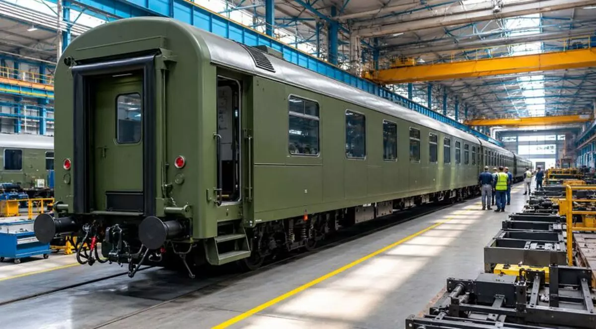 Vagoane militare pe linia de montare a Fabricii Astra Vagoane Călători din Arad, mai 2026