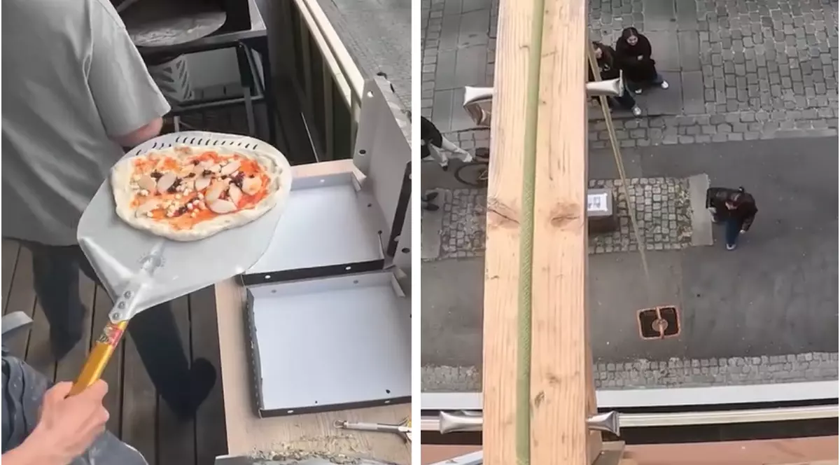 O pizza preparată pe balconul unui apartament (stânga). În dreapta este coborât un coș cu o frânghie