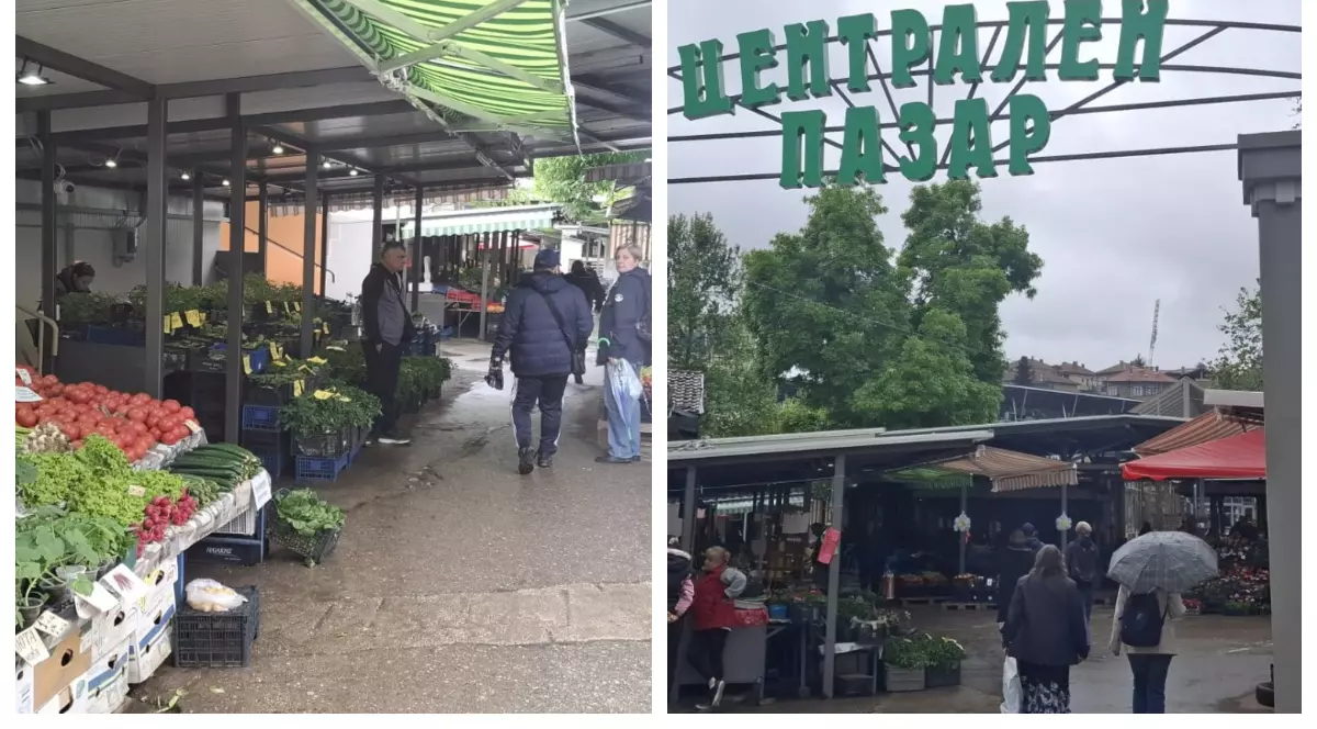Colaj realizat din 2 fotografii: cea din dreapta cu intrarea în piața din veliko Tîrnovo, cea din stînga cu comercianții din piată care vînd fructe și legume.
