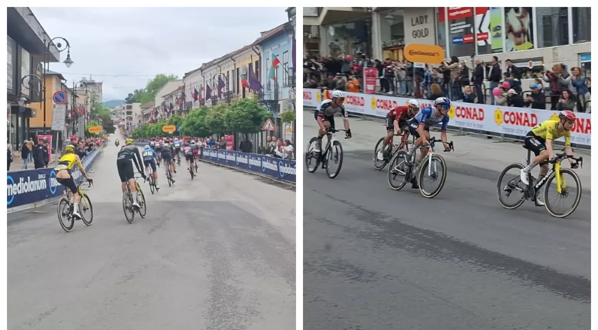 Colaj realizat din 2 fotografii cu cicliștii în cursă din diferite unghiuri.