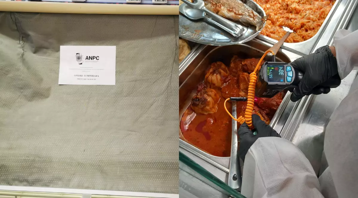 Un colaj format din două fotografii, în imaginea din stânga este un raft blocat de ANPC, iar în imaginea din streapta este un inspector ANPC care verifică alimentele dintr-un restaurant