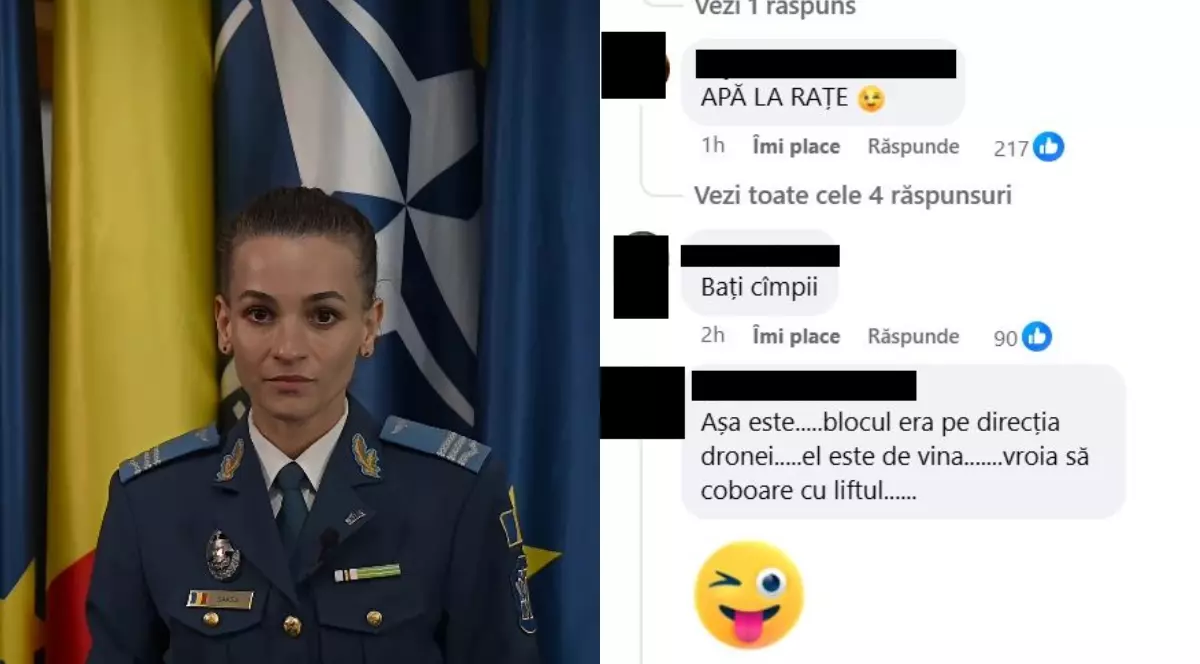 Un colaj format dintr-o fotografie în care apare o femeie în uniformă și o altă fotografie în care apar comentarii de pe Facebook.
