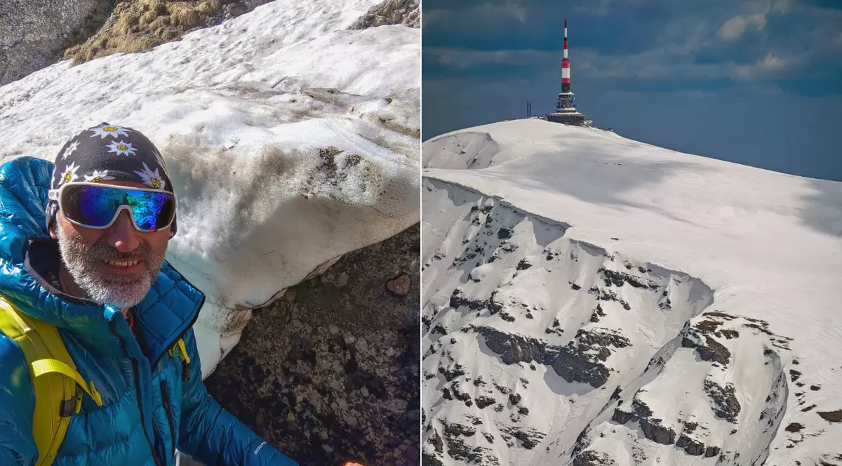 Colaj cu un barbat imbracat gros pe munte cu zapada si un munte cu zapada