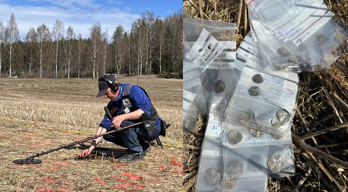 Un bărbat cu un detector de metale// mai multe monede puse în pungute de plastic