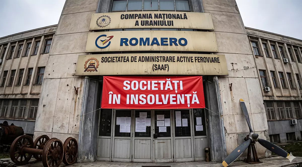 O cladire veche pe care sunt siglele a trei companii aflate in insolventa