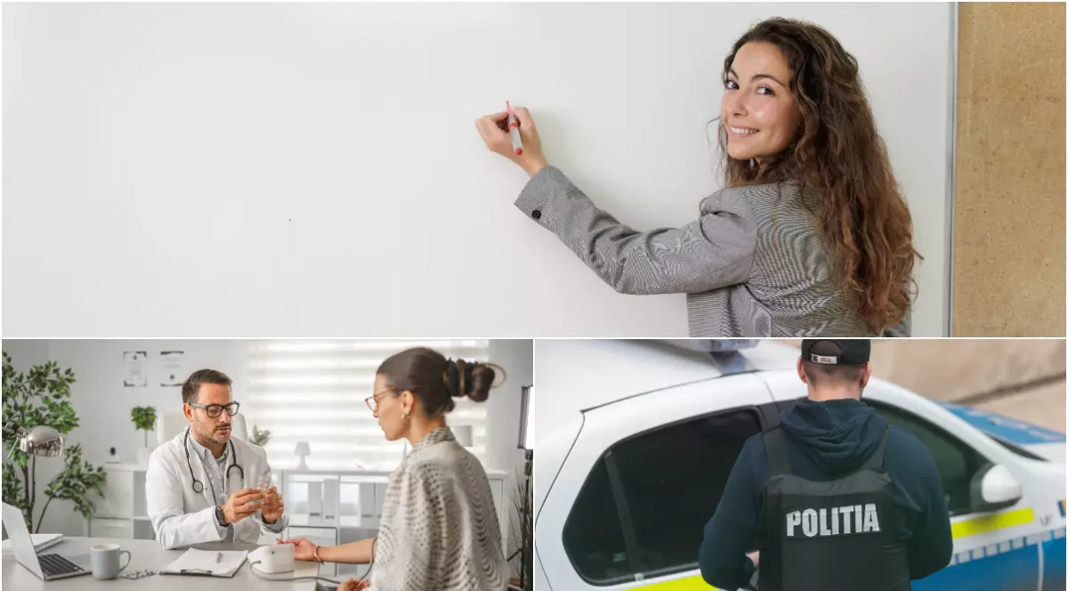 Imaginea ilustrează principalele categorii profesionale vizate de noua lege a salarizării: profesori, medici și polițiști. Fotografia sugerează schimbările salariale așteptate în sistemul public și impactul acestora asupra angajaților din domenii esențiale.