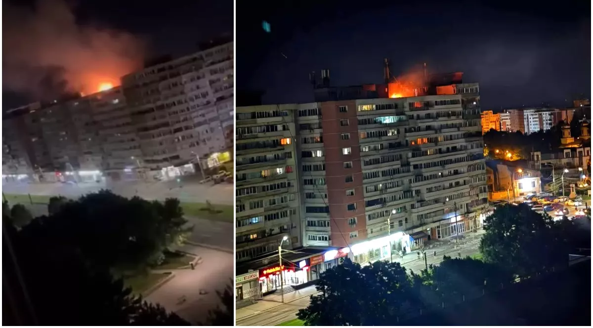 Imagini după ce o dronă s-a prăbușit peste un bloc din oraș, provocând o explozie urmată de incendiu
