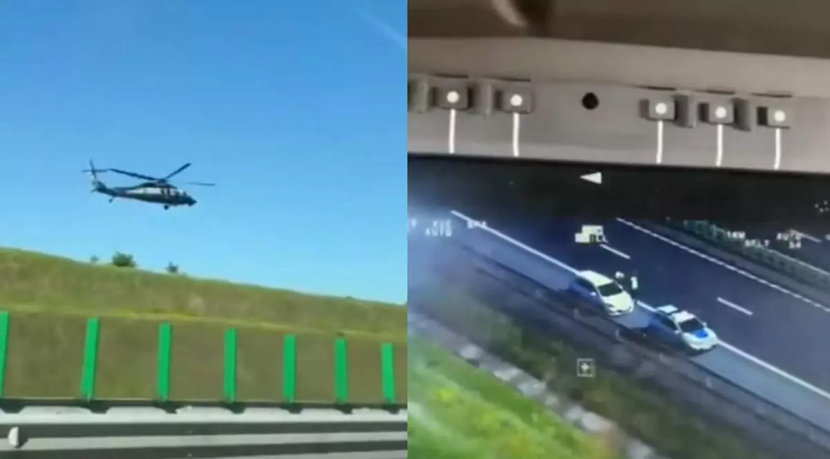 Un colaj cu două fotografii cu urmărirea unui șofer beat care gonea pe autostrada Soarelui. În imaginea din dreapta se vede elicopterul MAI, în timp ce în imaginea din stânga se vede monitorul din interiroul elicopterului și modul în care șoferul a fost oprit de o mașină de Poliție