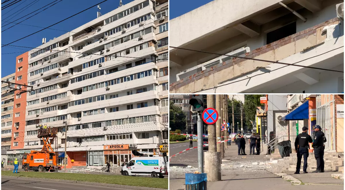 Colaj din trei fotografii care surprind blocul lovit de drona rusească și urmările exploziei din Galați