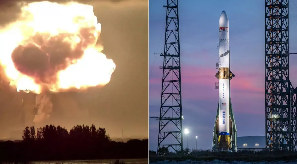Colaj din două fotografii: în stânga explozia uriașă a rachetei, pe timp de noapte, cu o ciupercă de foc creată, în dreapta, racheta New Glenn de la Blue Origin pe rampa de lansare, cu cerul la înserat pe fundal