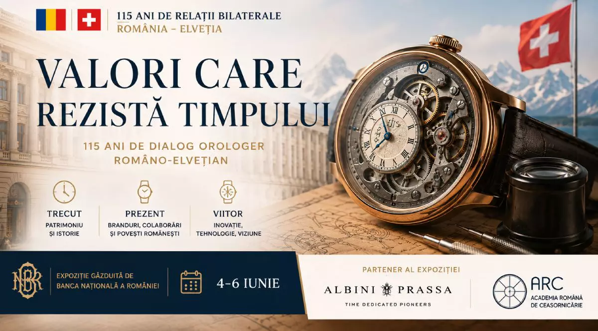 Expoziția „Valori care rezistă timpului” de la BNR Albini Prassa aduce în prim-plan 115 ani de relații România–Elveția prin orologerie