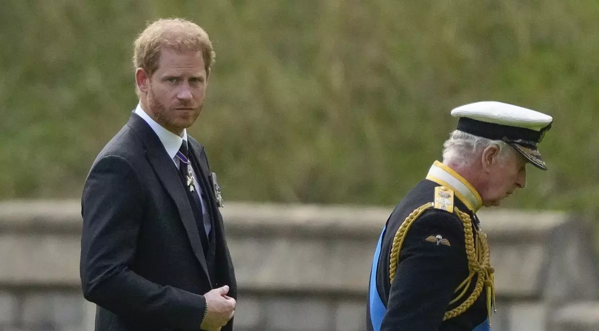 WINDSOR, ENGLAND - SEPTEMBER 19: King Charles III, from right, Prince Harry, Duke of Sussex, Prince Andrew, Duke of York, the Duke of Gloucester and Timothy Laurence arrive for the Committal Service of Queen Elizabeth II at Windsor Castle on September 19, 2022 in Windsor, England. The committal service at St George's Chapel, Windsor Castle, took place following the state funeral at Westminster Abbey. A private burial in The King George VI Memorial Chapel followed. Queen Elizabeth II died at Balmoral Castle in Scotland on September 8, 2022, and is succeeded by her eldest son, King Charles III. (Photo by Gregorio Borgia - WPA Pool/Getty Images)