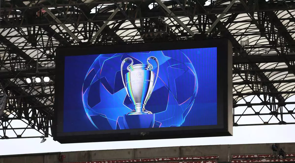 MILAN, ITALY - MAY 06: The Champions League trophy is seen displayed on a screen inside the stadium prior to the UEFA Champions League 2024/25 Semi Final Second Leg match between FC Internazionale Milano and FC Barcelona at Giuseppe Meazza Stadium on May 06, 2025 in Milan, Italy. (Photo by Marco Luzzani/Getty Images)