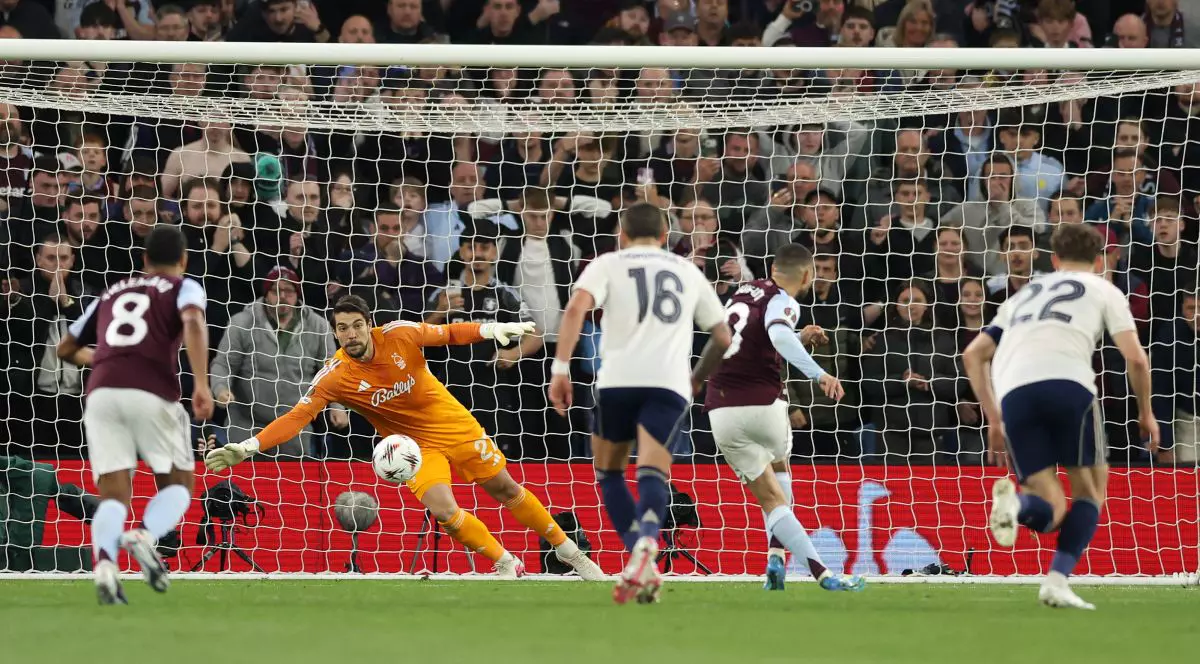 BIRMINGHAM, ENGLAND - MAY 07: Emiliano Buendia of Aston Villa scores the second goal from a penalty during the UEFA Europa League 2025/26 Semi-Final Second Leg match between Aston Villa FC and Nottingham Forest FC at Villa Park on May 07, 2026 in Birmingham, England. (Photo by Michael Steele/Getty Images)