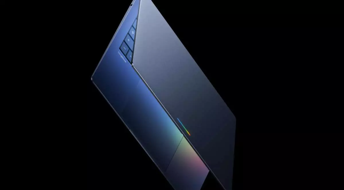 Imagine de prezentare cu noul laptop Googlebook de culoare albastră pe un fundal negru.