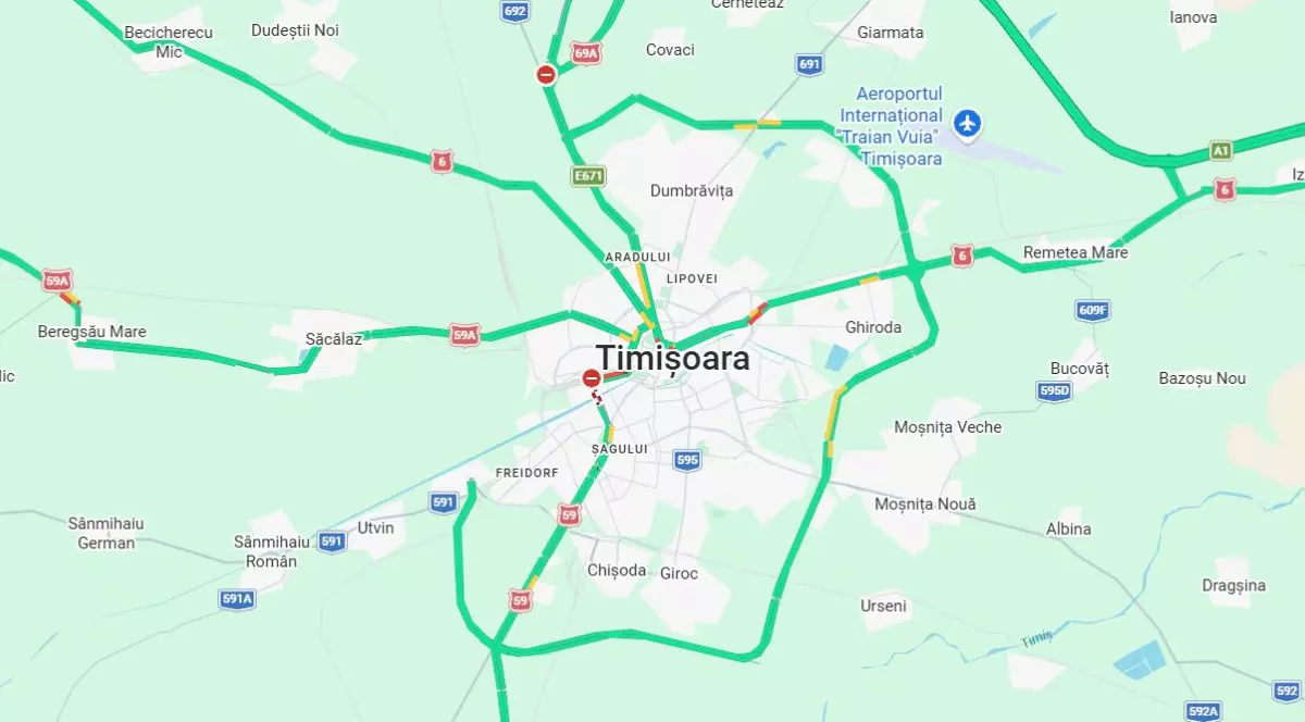 Harta rutieră cu centura din Timișoara, pe Google Maps, pe 11 mai 2026.