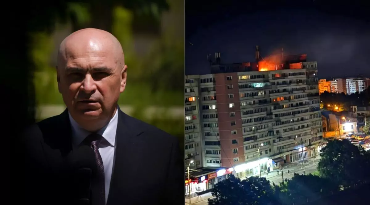 Colaj foto cu Ilie Bolojan, în stânga, îmbrăcat în costum negru, cămașă albă și cravată, pe fundal întunecat, iar în dreapta blocul din Galați, cu flăcări pe acoperiș, pe timp de noapte, după ce o dronă a explodat pe acoperiș