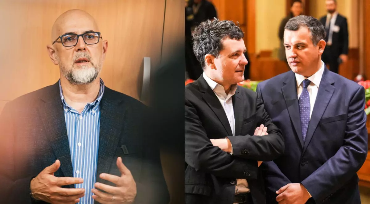 Un colaj format din două fotografii, una în care apare Kelemen Hunor și a doua fotografie în care apar Eugen Tomac și Nicușor Dan, în timp ce stau de vorbă, la un eveniment politica
