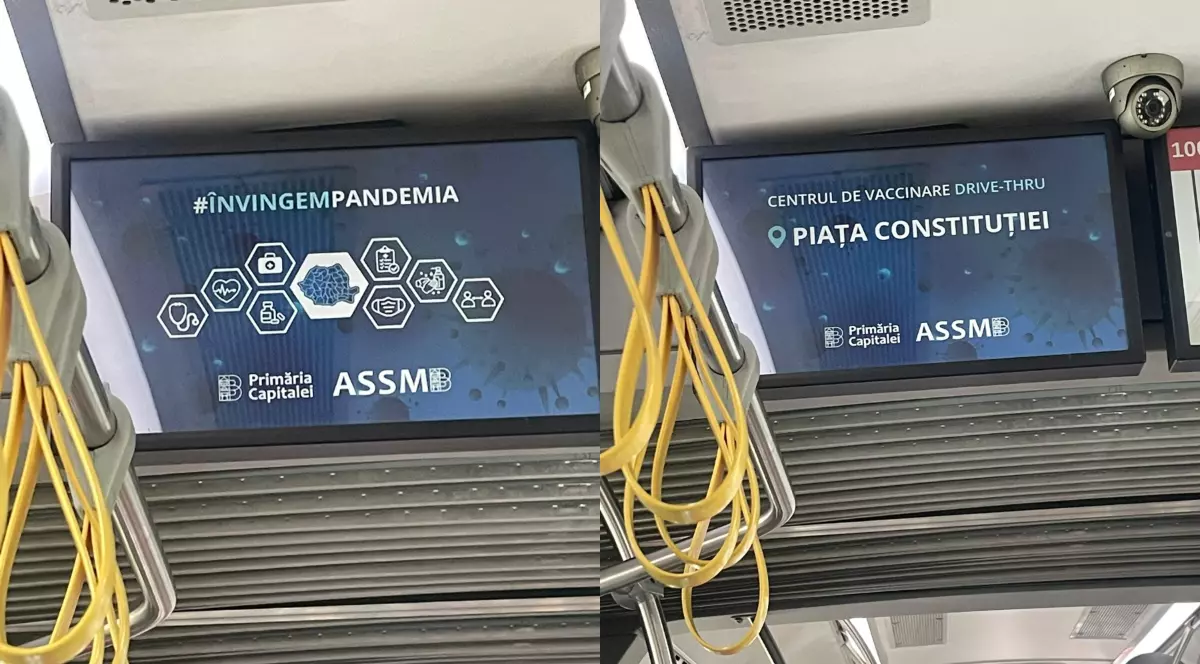 Un colaj format din două fotografii în care apar ecranele dintr-un autobuz STB pe care sunt difuzate mesaje din pandemia de COVID-19