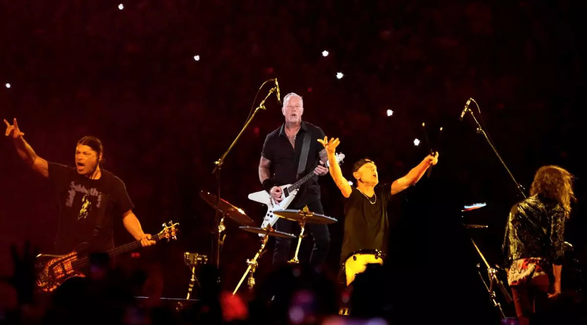 Robert Trujillo, left, James Hetfield, background, Lars Ulrich, center, and Kirk Hammett of Metallica perform during the M72 World Tour at the Olympic Stadium in Athens on Saturday, May 9, 2026.,Image: 1098140091, License: Rights-managed, Restrictions: This content is intended for editorial use only. For other uses, additional clearances may be required., Model Release: no , Pictured: James Hetfield,Kirk Hammett,Lars Ulrich,Robert Trujillo