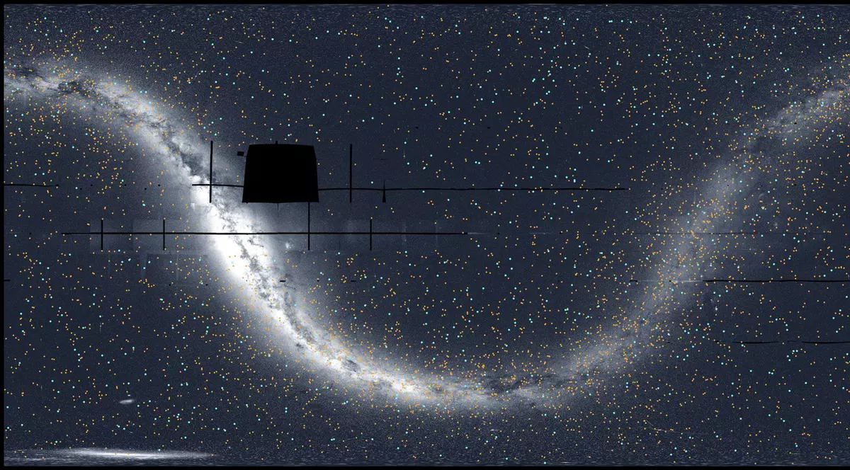 Această imagine panoramică prezintă harta cerului realizată de TESS într-o proiecție dreptunghiulară și indică pozițiile exoplanetelor confirmate (albastru) și ale celor candidate (portocaliu). Banda Căii Lactee, planul central al galaxiei noastre