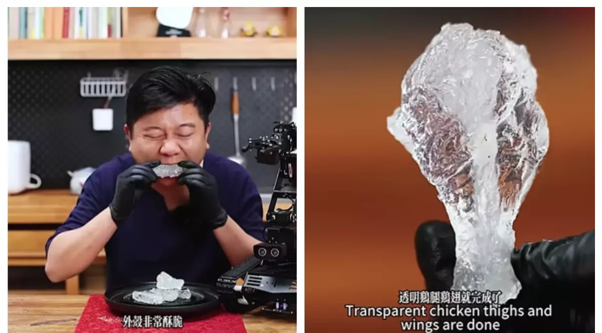 O imagine realizată din două capturi video: în stânga chinezul care mănâncă puiul transparent. În imaginea din dreapta cum arată un copănel în detaliu.