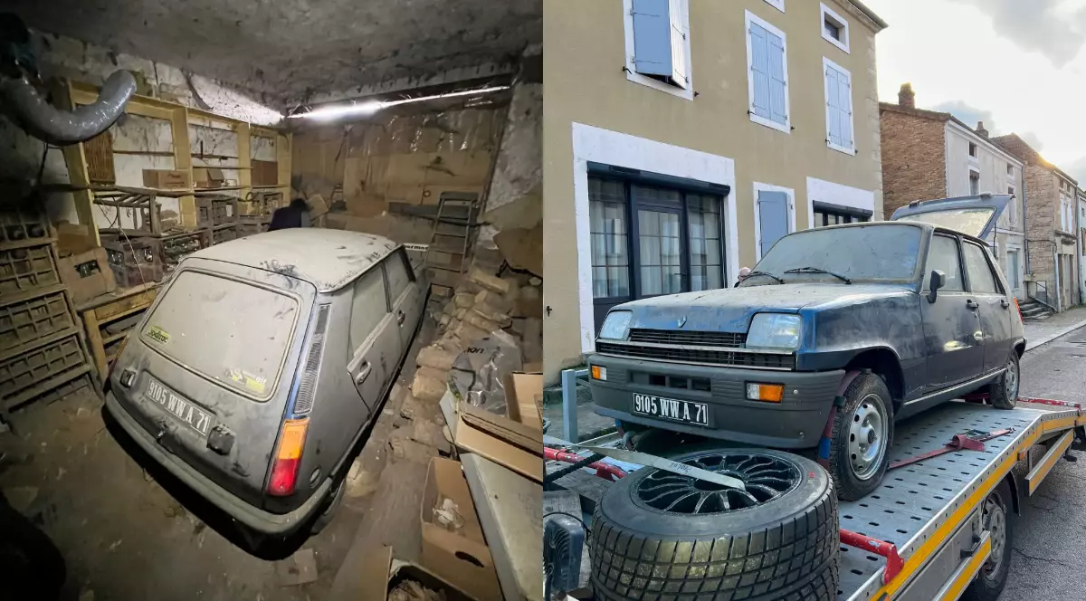 Un colaj cu două fotografii cu un Renault 5 TL, în prima imagine mașina este în garaj, acoperită de praf și vechituri și în a doua imagine este pe o platformă