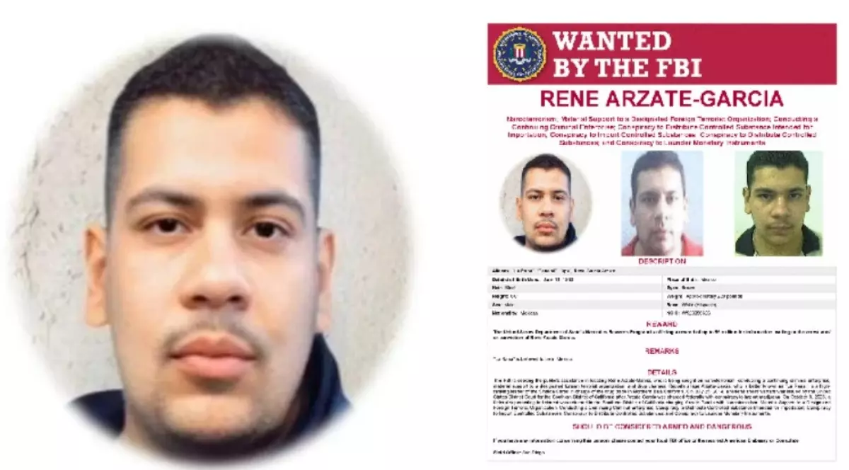 Imaginea este un colaj ce prezintă în partea stângă portretul unui bărbat, iar în partea dreaptă un poster oficial de urmărire emis de FBI pe numele Rene Arzate-Garcia, conținând fotografii suplimentare și detalii text.