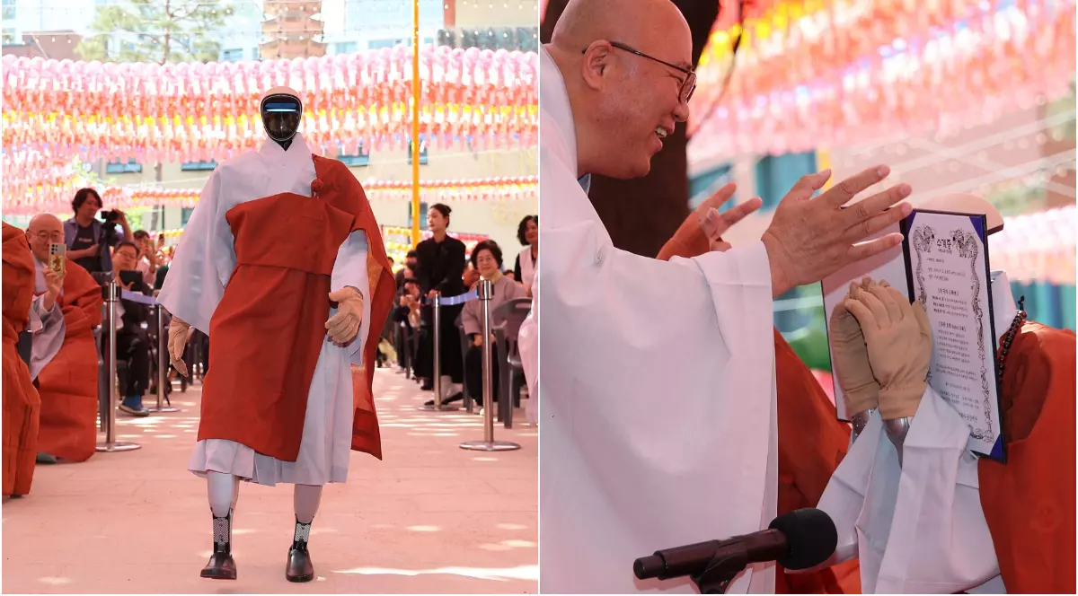 Un călugăr budist îi înmânează robotului umanoid „Gabi” documentul simbolic al jurământului de credință față de Buddha, în cadrul unei ceremonii desfășurate într-un templu din Coreea de Sud. Îmbrăcat în robe tradiționale, robotul participă la ritual în fața credincioșilor și a unui decor plin de lampioane colorate.
