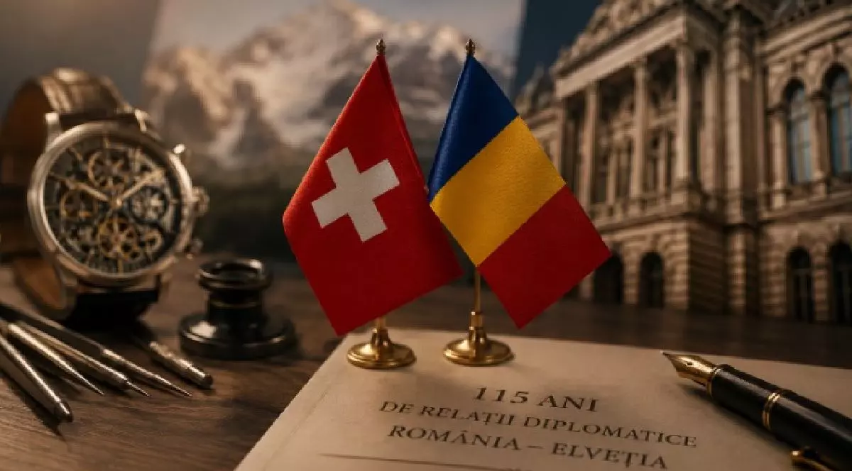 Steagurile Elveției și României și pe fundal o clădire și un ceas, cu o inscripție sub ele