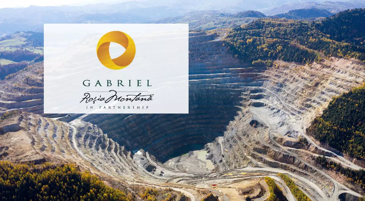 Un colaj cu o carieră minieră si sigla unei companii