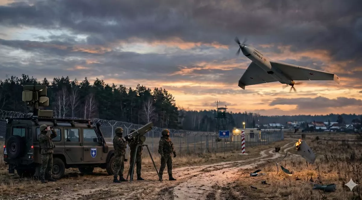 Militari cu arme în mâini, lângă un camion militar, pe câmp, cu o dronă care zboară pe cerul înnorat, imagine creată cu ajutorul Inteligenței Artificiale