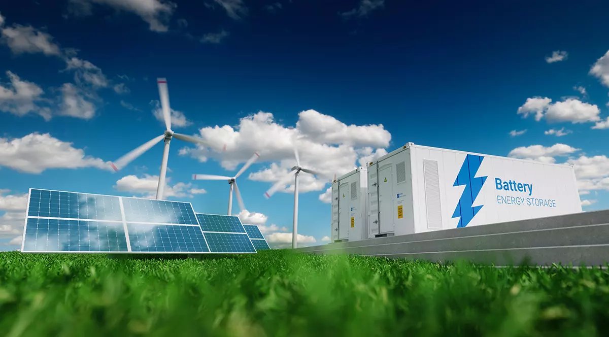 Conceptul de sistem de stocare a energiei. Energie regenerabilă - fotovoltaice, turbine eoliene și container baterie Li-ion în natură