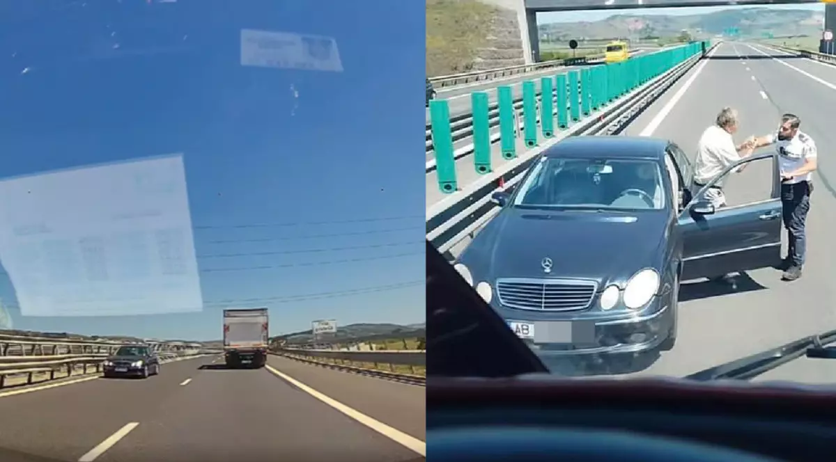 Șofer care circula cu un mercedes negru pe contrasens, pe A1, Deva-Sebeș/ Soferul si politistul gesticuleaza langa masina - 26 mai 2026