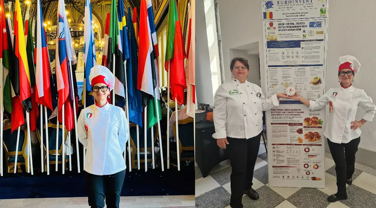 Chef Dorina Burlacu îmbrăcată în tunică de bucătar, la Iași