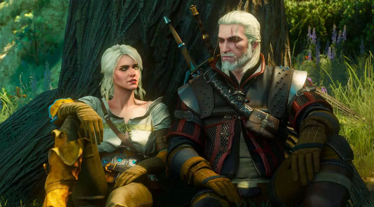 Personajele Geralt și Ciri, din The Witcher 3: Wild Hunt, la umbra unui copac.