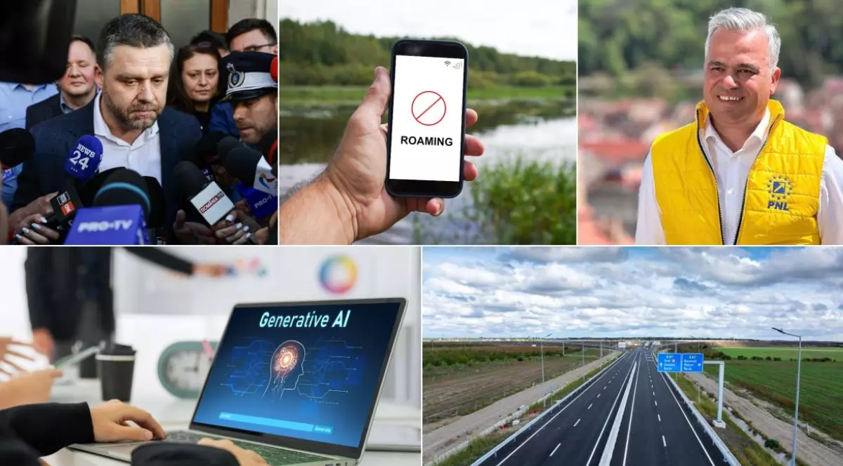 Colaj din cinci fotografii în care apar Ciprian Ciucu, primarul din București, un telefon pe care scrie Roaming, Adrian Veștea cu o vestă galbenă pe care scrie PNL, un laptop pe care scrie Generative AI și o autostradă din România