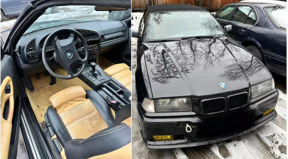 Interiorul unui BMW decapotabil, vechi de 26 de ani, și poză cu mașina neagră din față, care este scoasă la licitație de ANAF